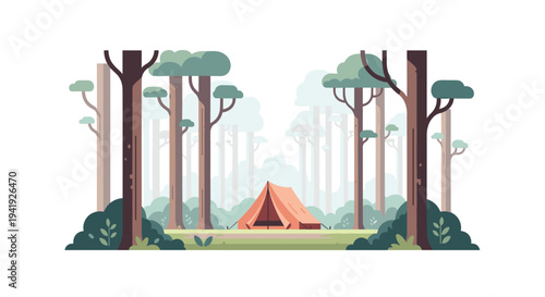 Flat design camping scene: peaceful forest landscape with tent among tall trees