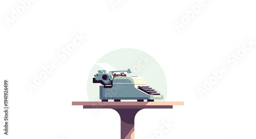Retro typewriter on wooden table in vintage flat art style