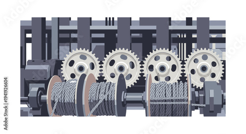 Industrial machinery with gears and cables in mechanical engineering setting