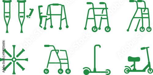 Collection of medical mobility aids and recreational scooters illustrated in simple green line art style
