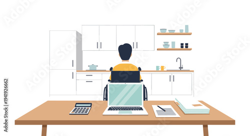Home office setup in modern kitchen with minimalist design and laptop workspace