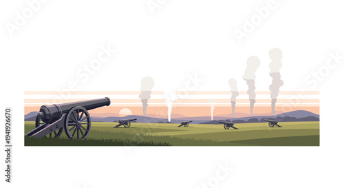 Historic cannons in a scenic sunset battlefield landscape