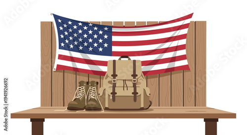Adventure gear on wooden bench with american flag background