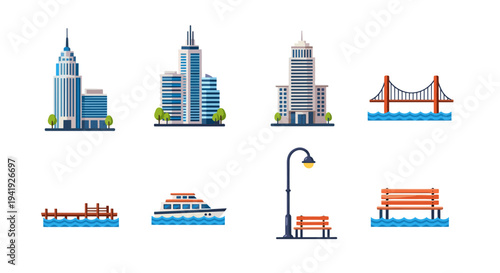 Flat urban elements set: buildings, bridge, water transport, street lamp and benches