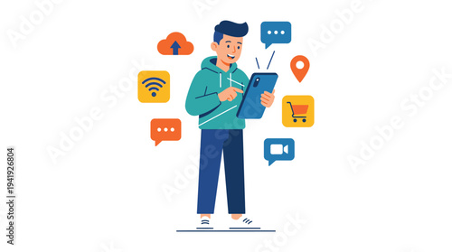 Person Using Smartphone with Digital Technology Icons Flat Vector Illustration