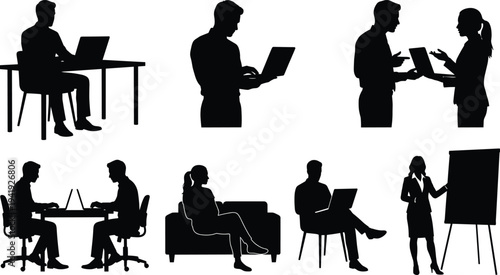 Flat vector silhouettes of business people working on laptops presenting and sitting in office