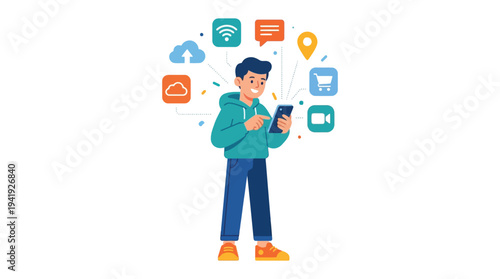 Person Using Smartphone with Digital Technology Icons Flat Vector Illustration