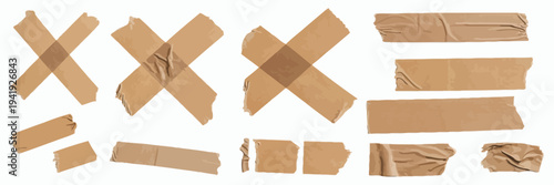 Torn Kraft Tape Set Vector Illustration, Realistic Brown Adhesive Paper Tape Strips with Rough Edges Isolated on Transparent Background, Scrapbook, Collage, Packaging, and Creative Design Elements