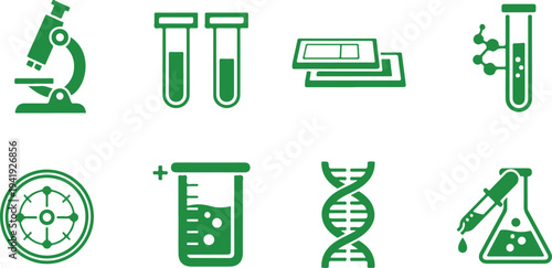 Set of scientific laboratory icons featuring microscope test tubes beaker and molecular structures isolated on transparent background