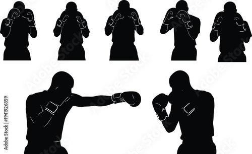 Boxer silhouette collection with fighting stances, defensive posture, punching technique, martial arts, sports training, competition, fitness, strength, discipline