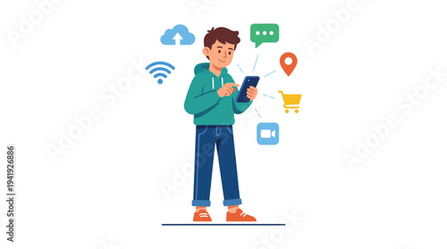 Person Using Smartphone with Digital Technology Icons Flat Vector Illustration