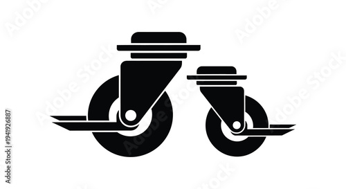 Two black caster wheels of differing sizes are depicted in a stark graphic silhouette high quality