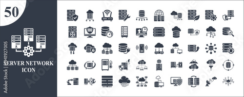 Set of 50 server network icons vector, solid glyph style collection for data center, cloud computing, database management, hosting services, and information technology infrastructure
