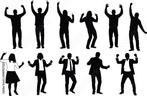 Celebration and dancing silhouette collection with male and female figures, expressive poses, casual and business attire, movement, lifestyle, psychology, animation, art illustration