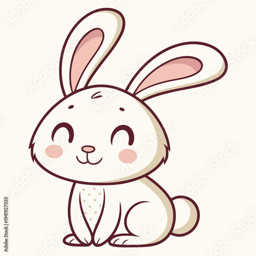 Cute cartoon white rabbit sitting with happy face and pink cheeks on beige background vector illustration
