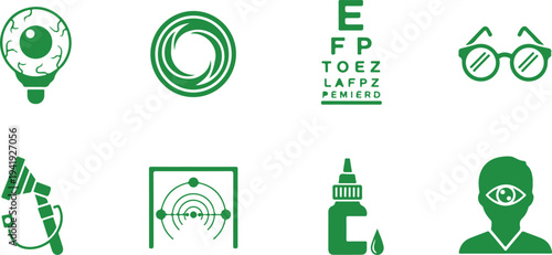 Set of medical and scientific eye examination icons featuring visual acuity chart and equipment isolated on transparent background