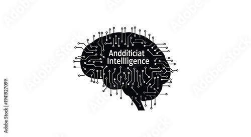 A black brain outline filled with circuit board lines and text reading artificial intelligence silhouette