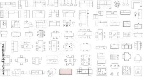 Collection of various technical mechanical blueprint drawings isolated on transparent background