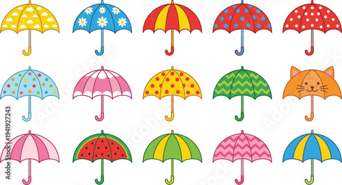 Colorful collection of children's umbrellas with patterns including flowers, stars, and fun animal faces