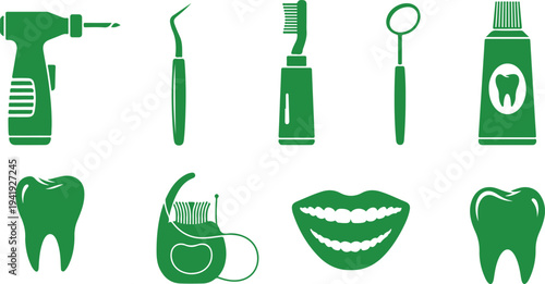 Collection of dental care tools and icons featuring toothbrushes floss dental mirror and toothpaste on transparent background