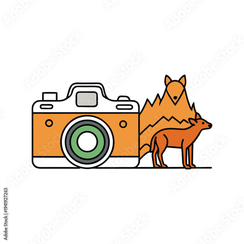 Camera with fox and deer wild animals vector illustration outdoors