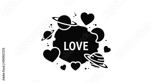 A cosmic display featuring planets hearts and the word love in stark silhouette high quality professional