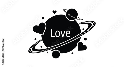 A cosmic design featuring planets hearts and the word love in a striking silhouette high quality