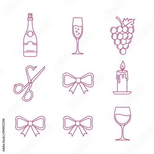 Collection of elegant icons representing celebration and party essentials in pink illustration