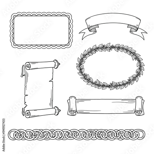 Assorted decorative scrolls and ribbon designs for invitations and stationery. illustration