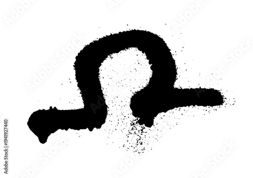 Black ink splatter with scattered drops and spray effect resembling aerosol paint. Grunge style vector illustration of liquid splash isolated on white background.