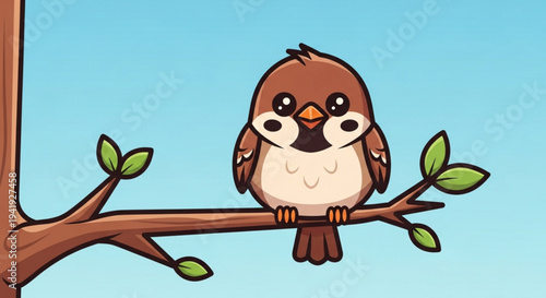 Brown bird perched on tree branch with green leaves against blue background looking cute and alert