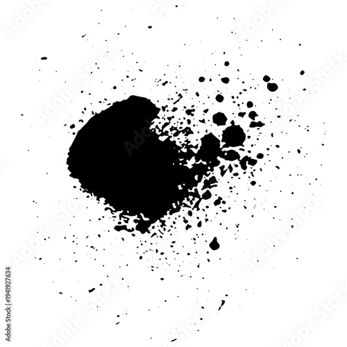 Black ink splatter with scattered drops and spray effect resembling aerosol paint. Grunge style vector illustration of liquid splash isolated on white background.
