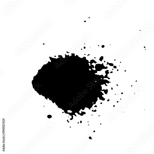 Black ink splatter with scattered drops and spray effect resembling aerosol paint. Grunge style vector illustration of liquid splash isolated on white background.