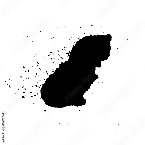 Black ink splatter with scattered drops and spray effect resembling aerosol paint. Grunge style vector illustration of liquid splash isolated on white background.