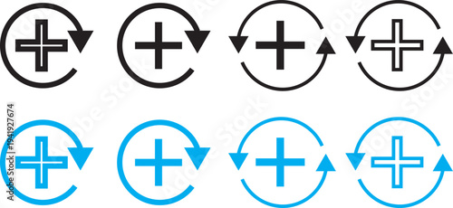 Health recovery icon set. Medical plus signs with upward arrow sign. Medical and Healthcare Symbols. refresh symbol