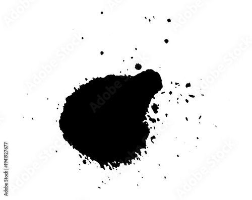 Black ink splatter with scattered drops and spray effect resembling aerosol paint. Grunge style vector illustration of liquid splash isolated on white background.