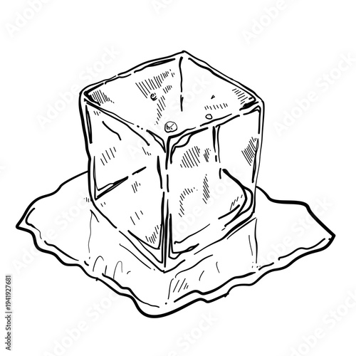 melting ice cube cold water vector line art hand drawn illustration