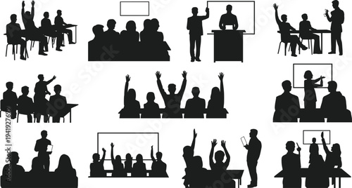 Classroom teaching presentation students raising hands school education training lecture seminar silhouette flat vector illustration design