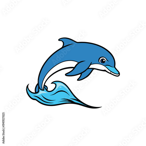 Cute cartoon blue dolphin jumping from ocean water in playful pose