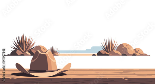 Rustic desert landscape with cowboy hat on wooden table