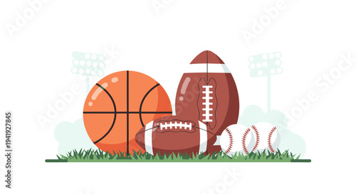 Flat design sports balls with basketball, football, and baseball on grass with stadium lights