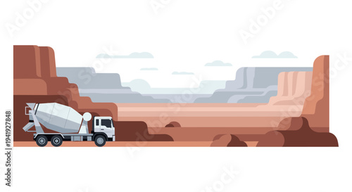 Cement mixer truck in arid canyon landscape with rock formations and cloudy sky