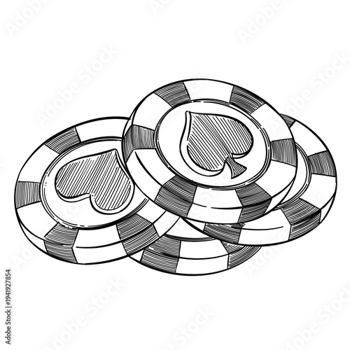 casino chips stack gambling leisure vector line art hand drawn illustration