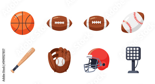 Colorful set of popular sports equipment icons in modern flat design