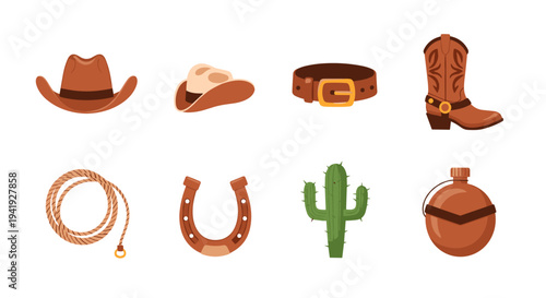Western essentials: cowboy hat, belt, boots, lasso, horseshoe, cactus, and canteen icons