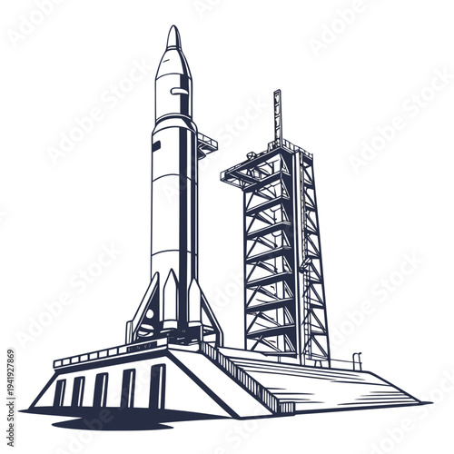 Rocket on launchpad with service tower spacecraft space