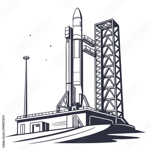 Rocket on launchpad with service tower and umbilical tower