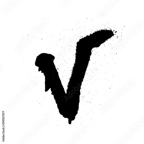 Black spray paint splash shaped like check mark or letter V with rough edges and aerosol splatter. Grunge ink symbol isolated on white background.