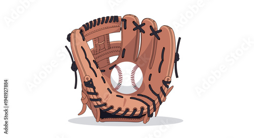 Baseball glove holding ball with intricate detailing on white background