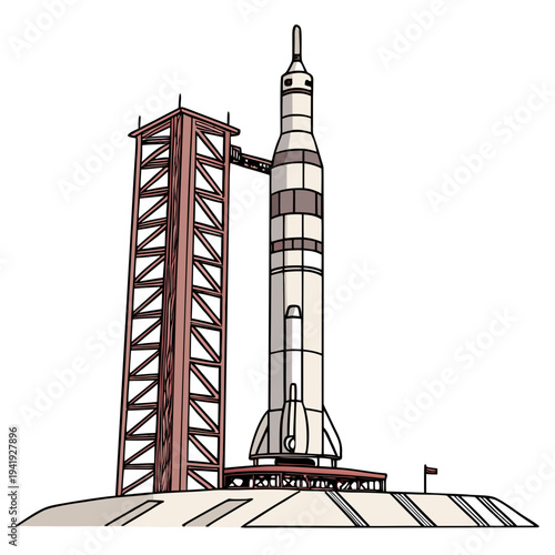 Rocket on launchpad with service tower spacecraft launch site
